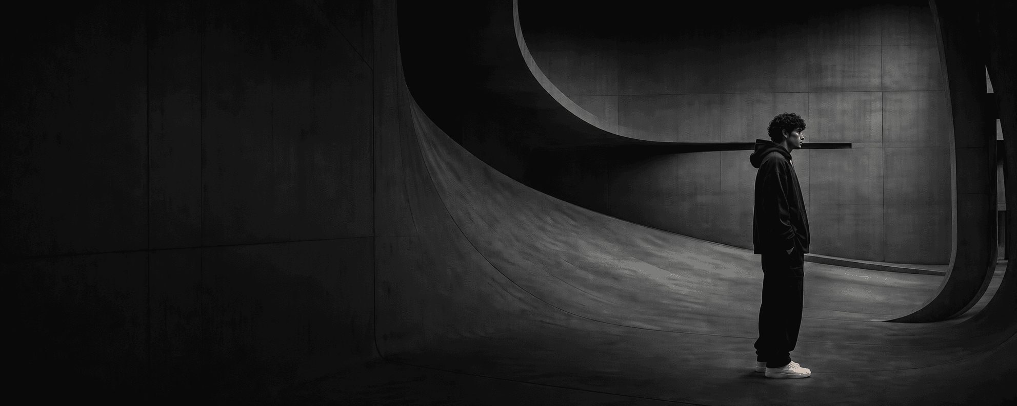 Model in dark streetwear standing inside a concrete skatepark