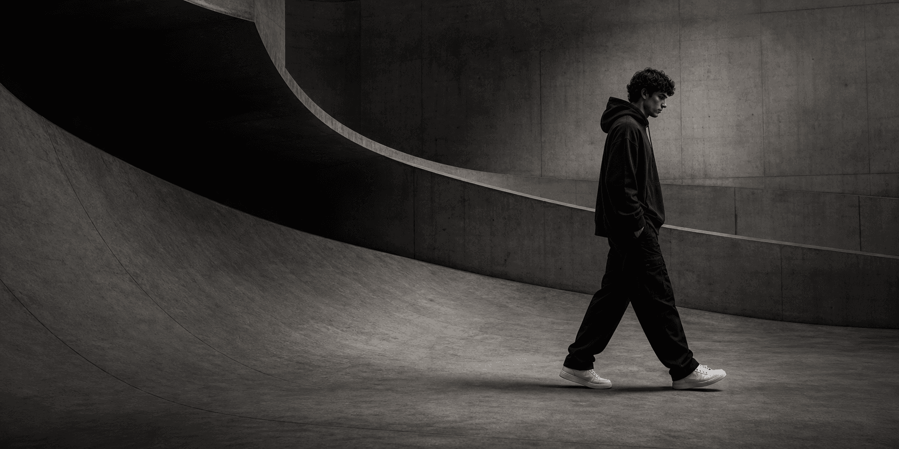 Model walking through a dark minimal architectural space
