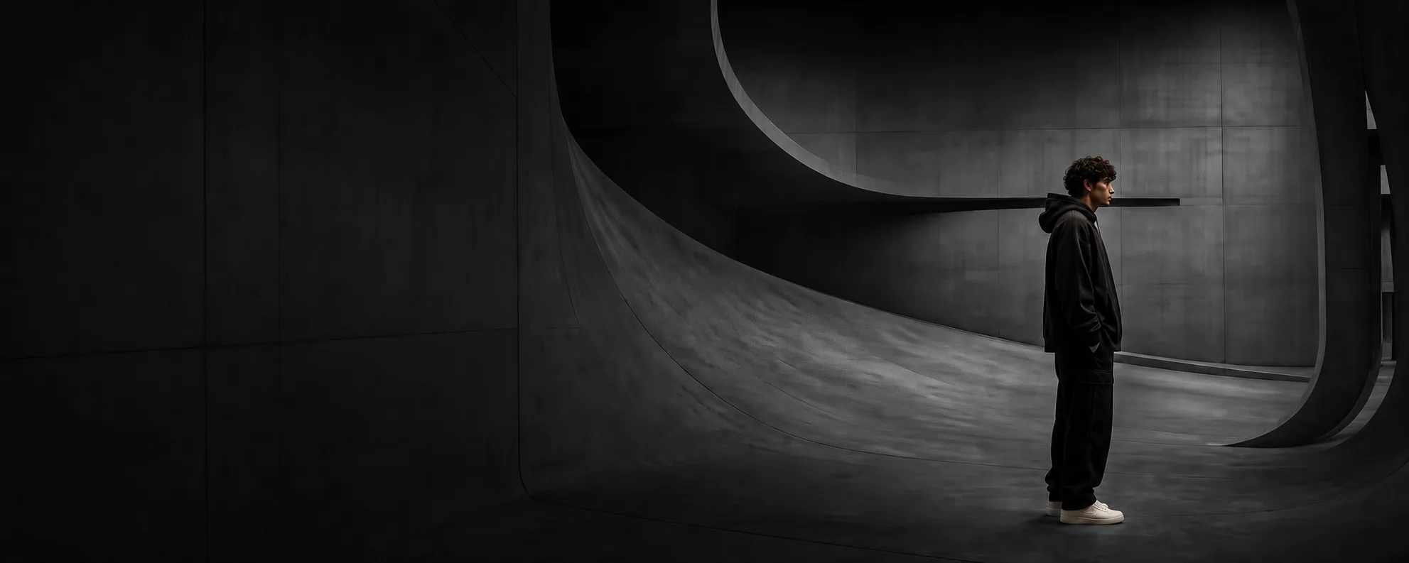 Model in dark streetwear standing inside a concrete skatepark